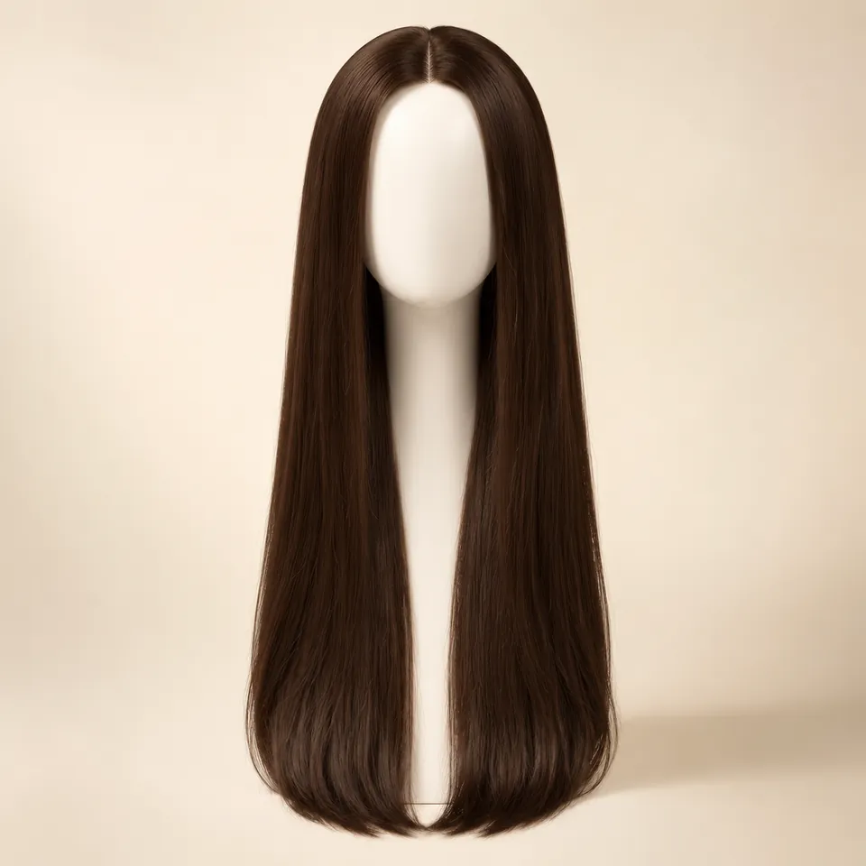 Adult model with extra-long straight dark brown hair reaching past the chest