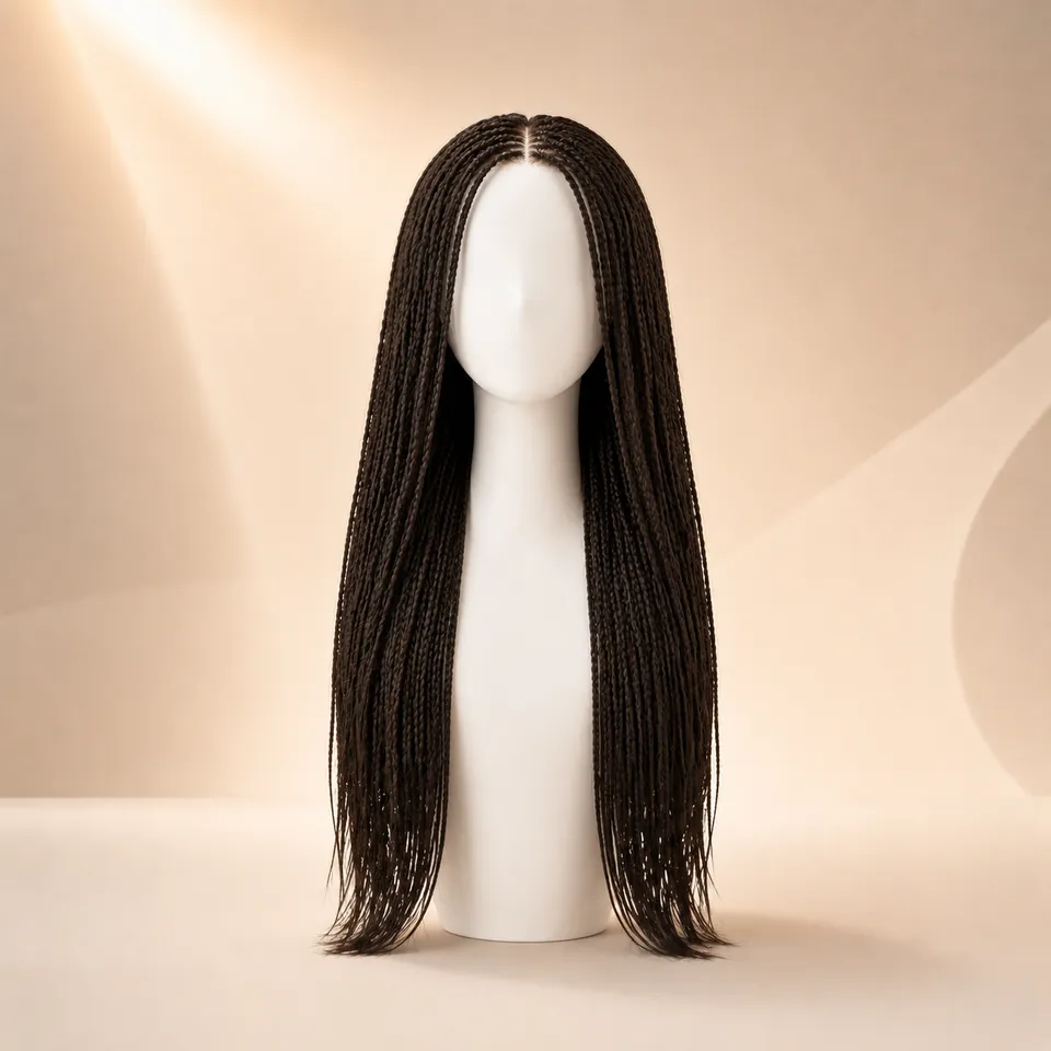 Dark brown extra-long box braids with a center part on a display head