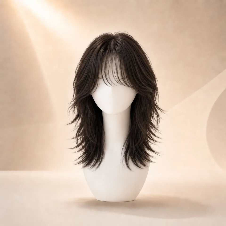 Medium Wolf Cut + Wispy Bangs AI hairstyle preview for WigTryAI