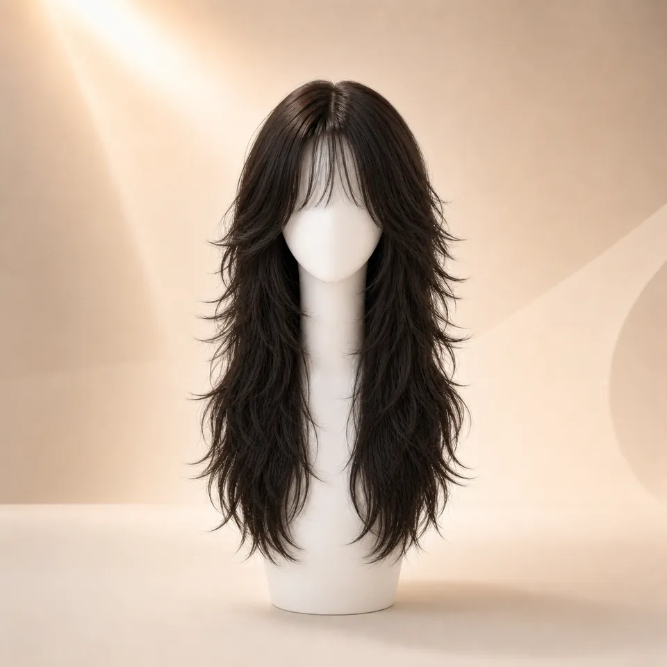 Adult model with an extra-long dark brown wolf cut with tapered ends far below the shoulder