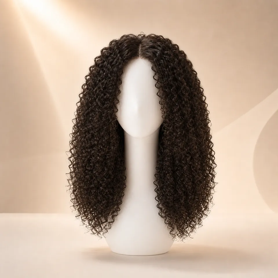 Adult model with a full dark brown afro curly outline