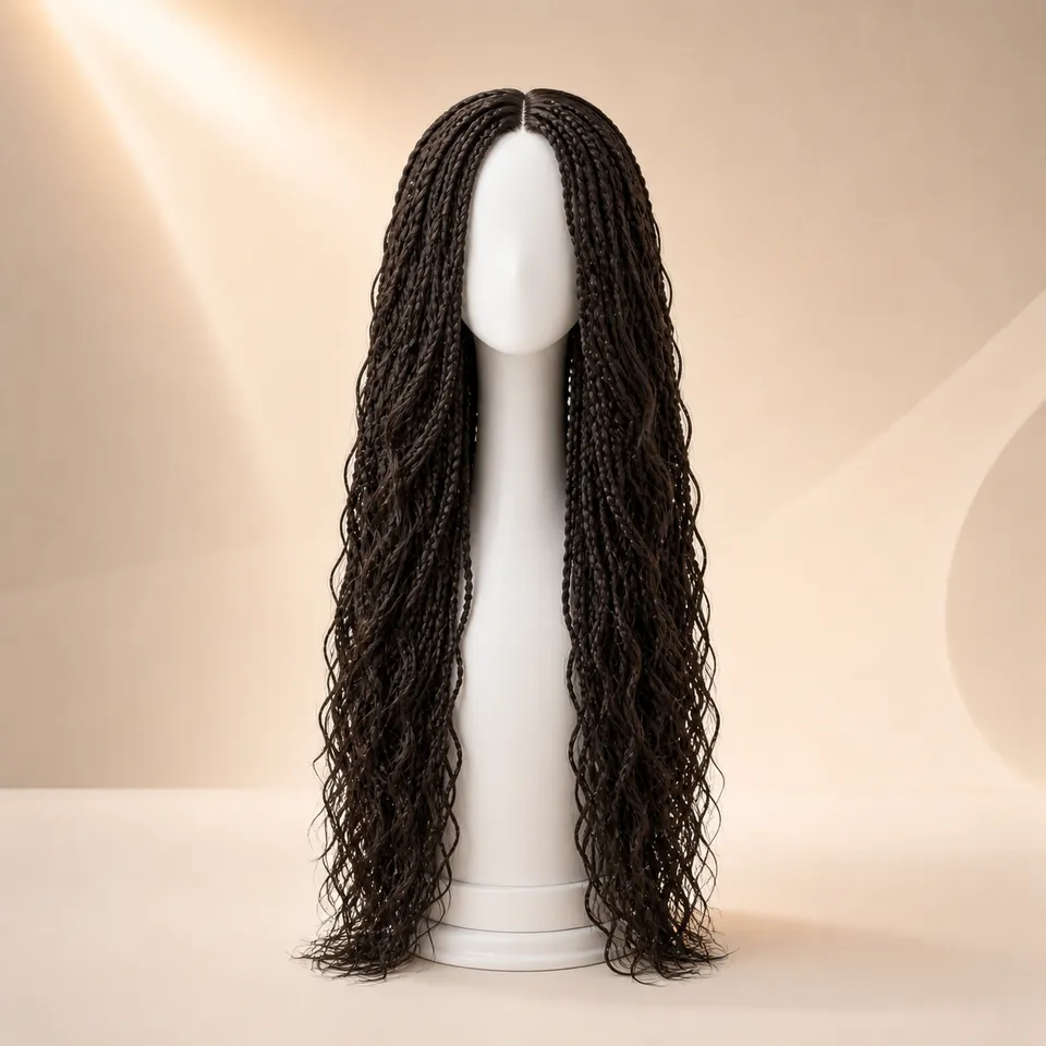 Dark brown extra-long goddess braids with loose curled pieces on a display head