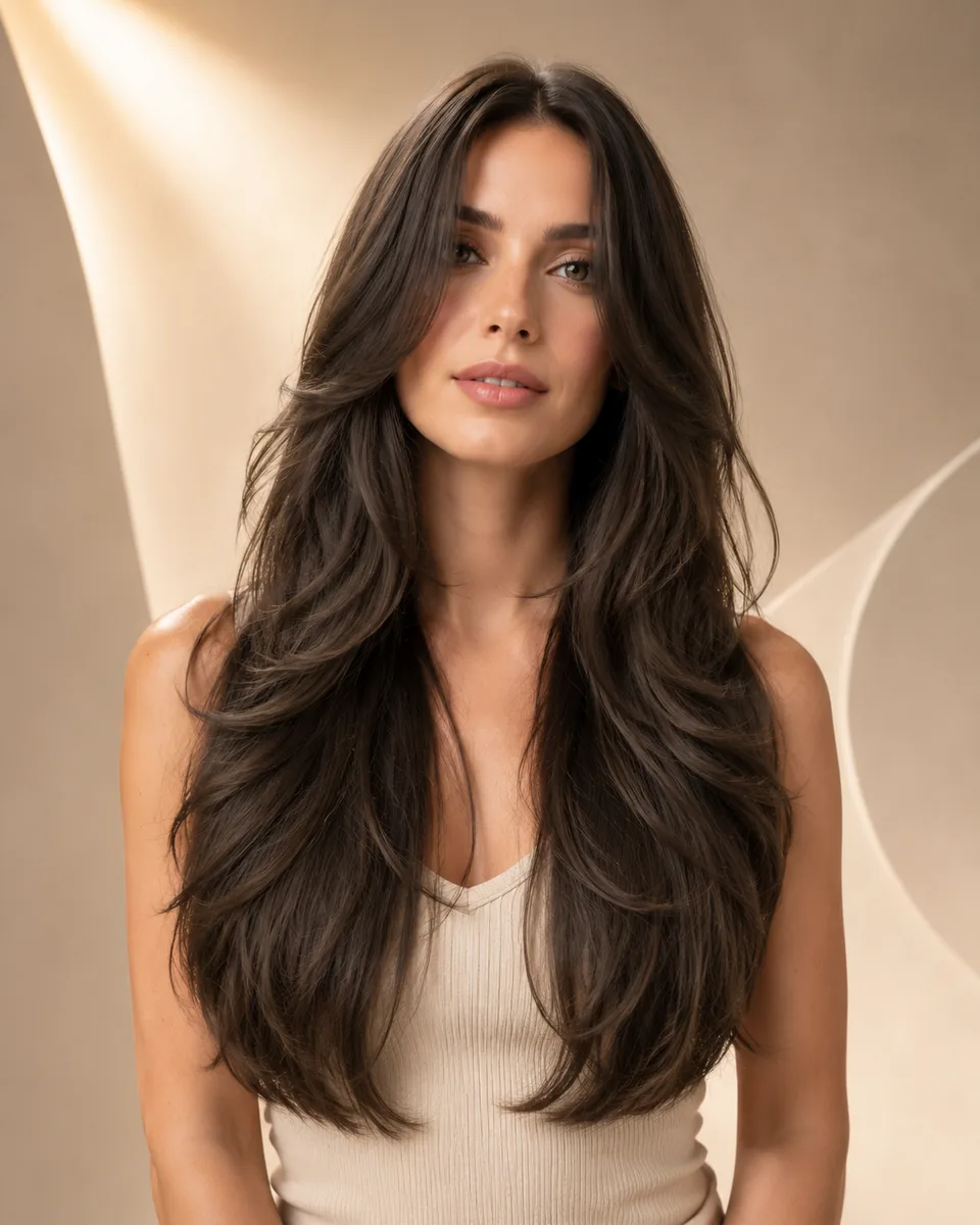 Long Face-Framing Layers hairstyle preview on WigTryAI