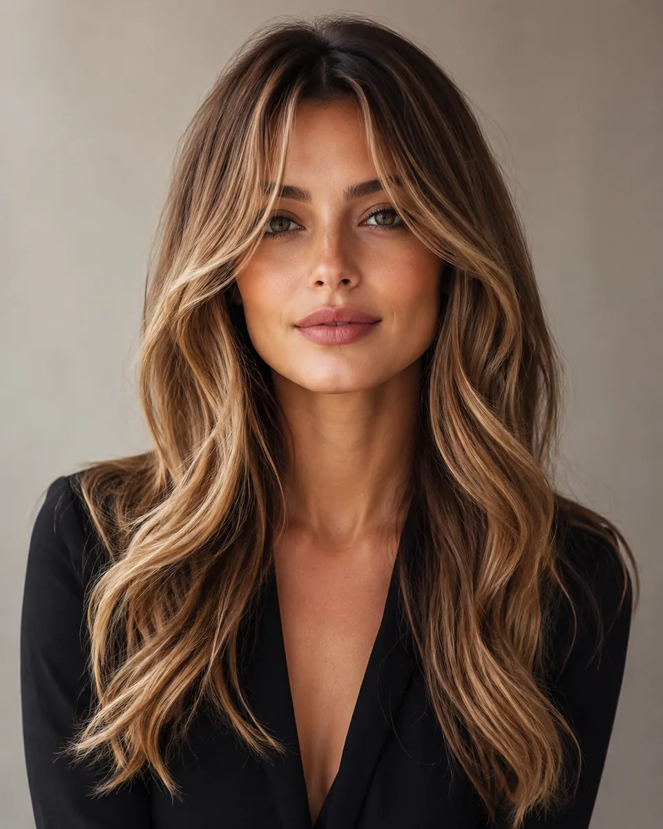 Woman with layered waves and curtain bangs