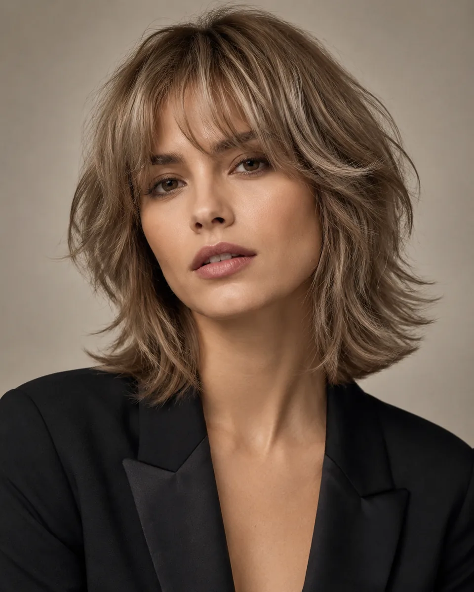 Woman with a shoulder-length shag with feathered layers