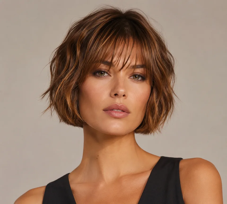 Woman with a textured bob and wispy bangs