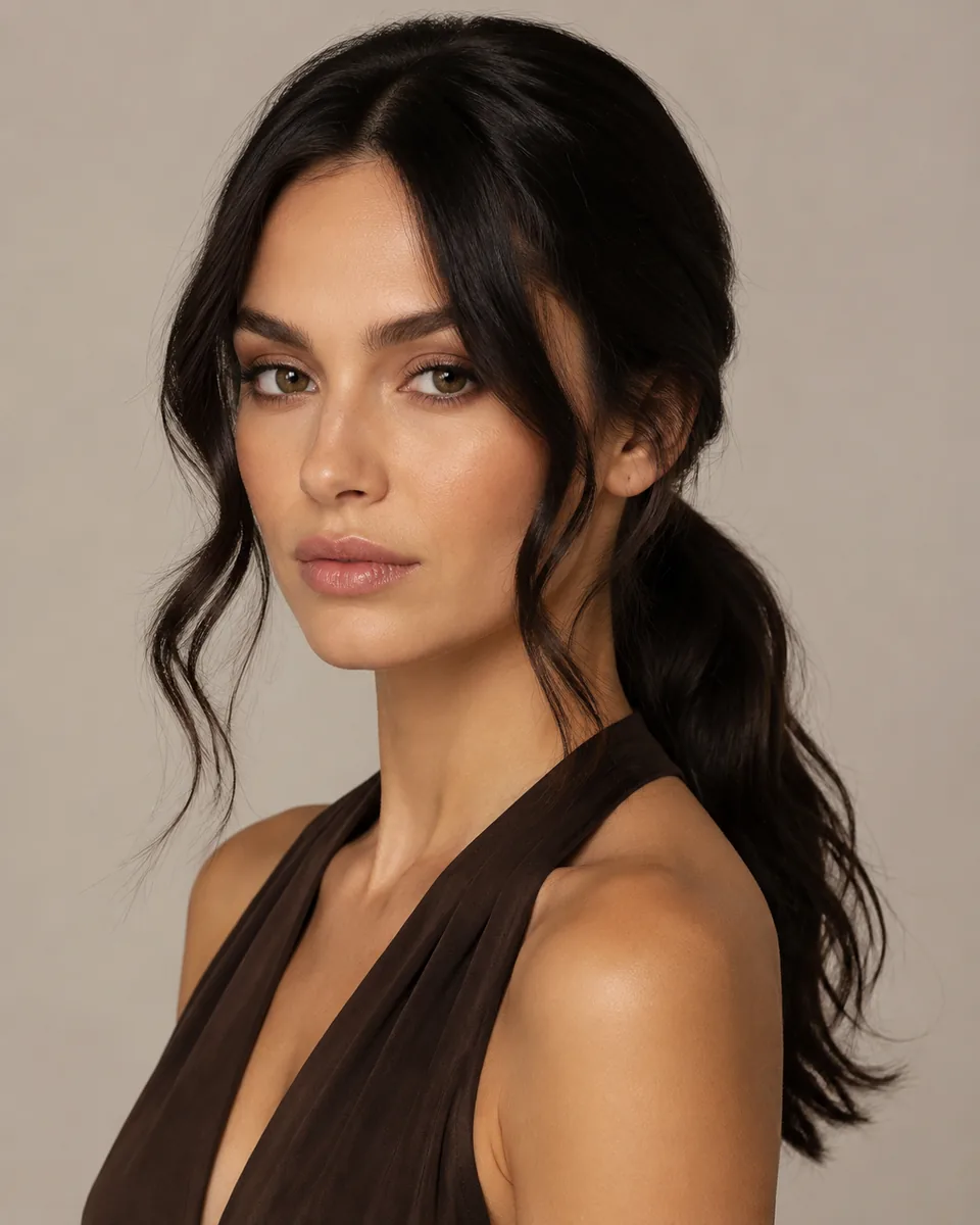 Woman with a sleek low ponytail and face-framing pieces