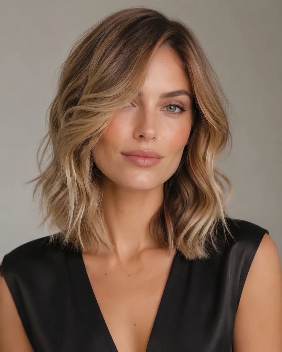 Woman with a wavy lob with layered ends
