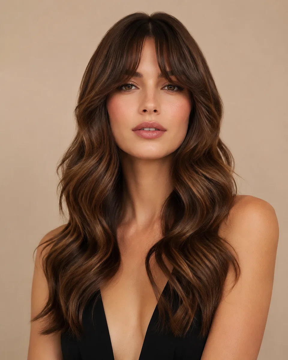 Woman with long body wave hair and curtain bangs