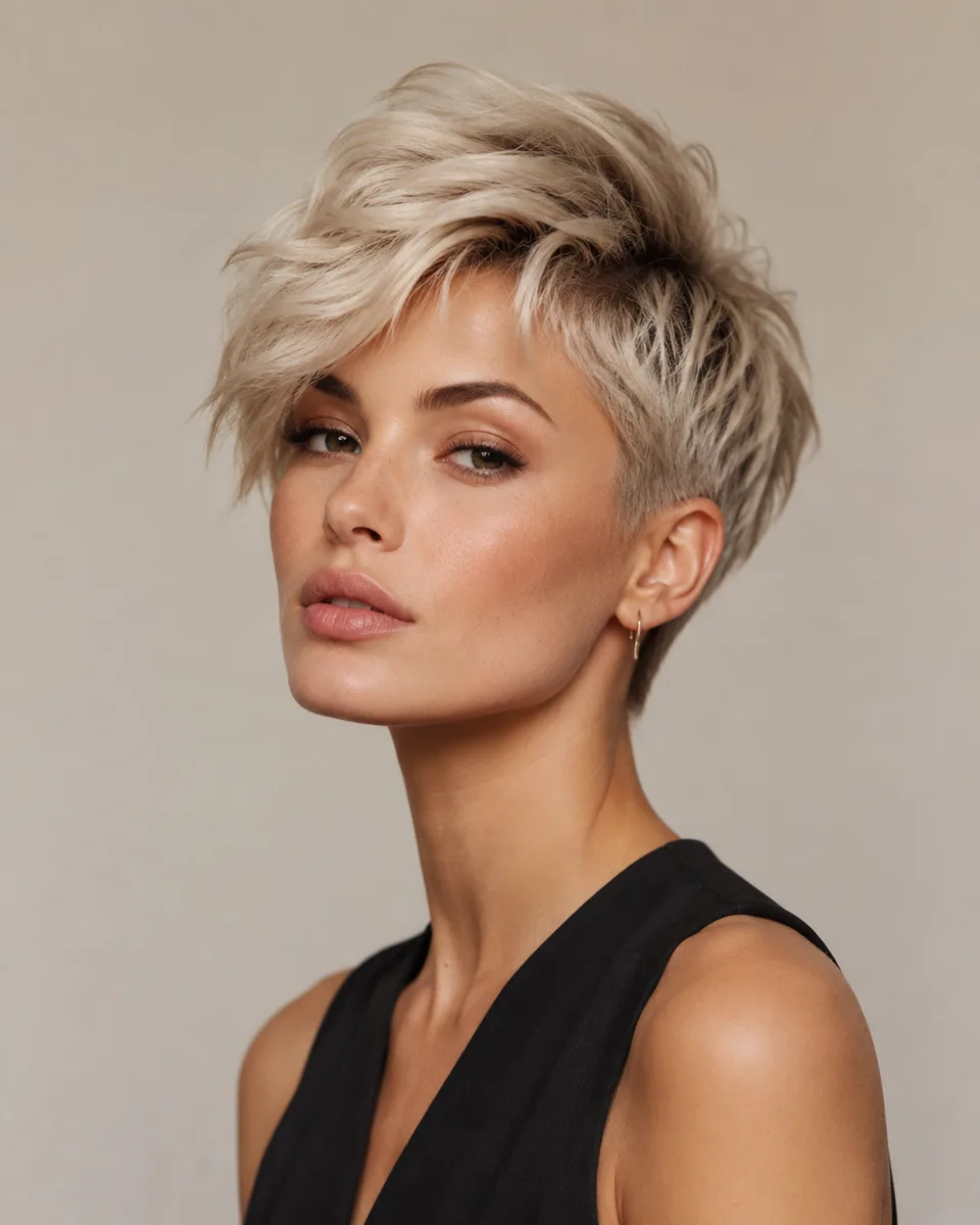 Woman with a textured pixie with volume at the crown