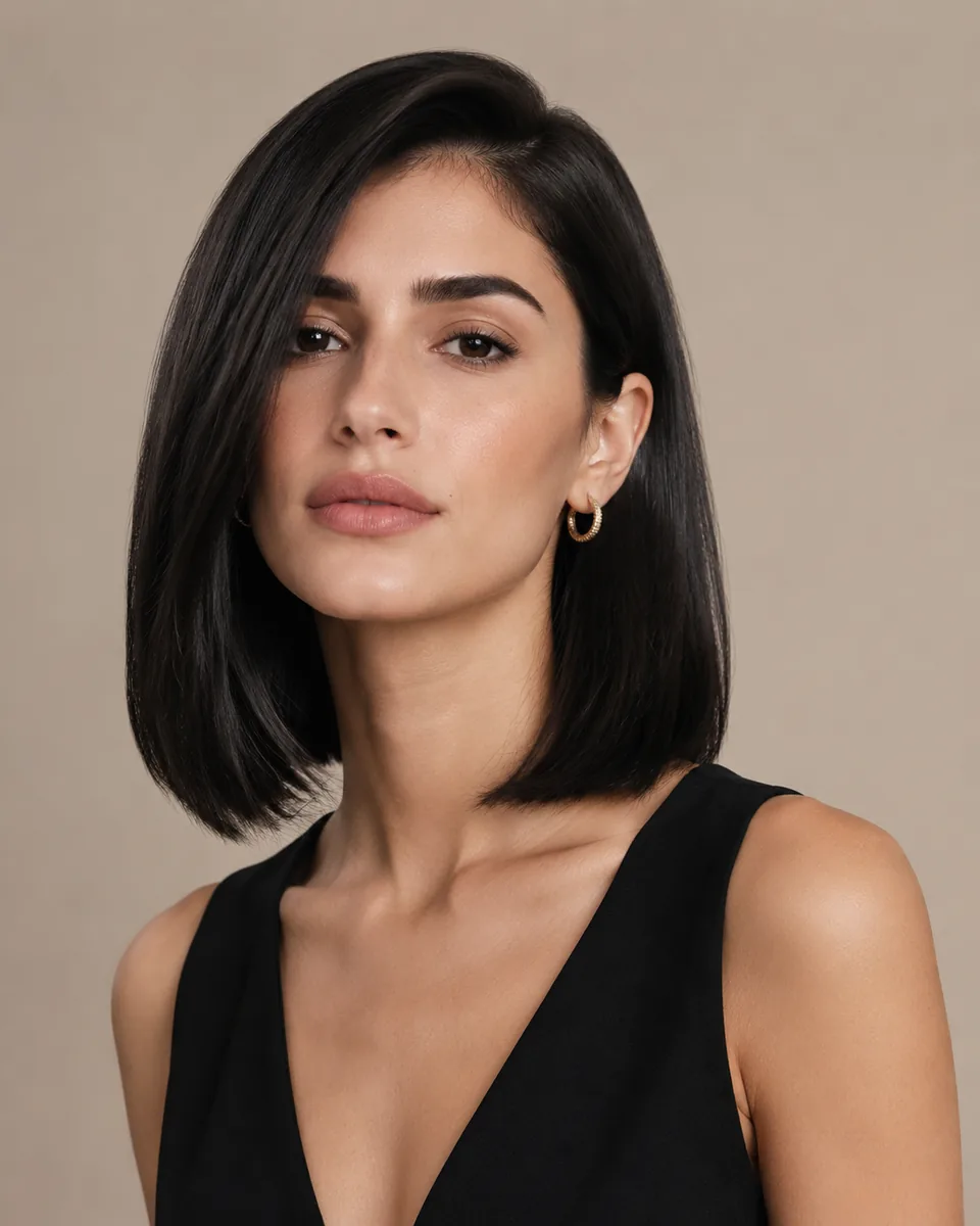 Woman with a straight lob and a deep side part