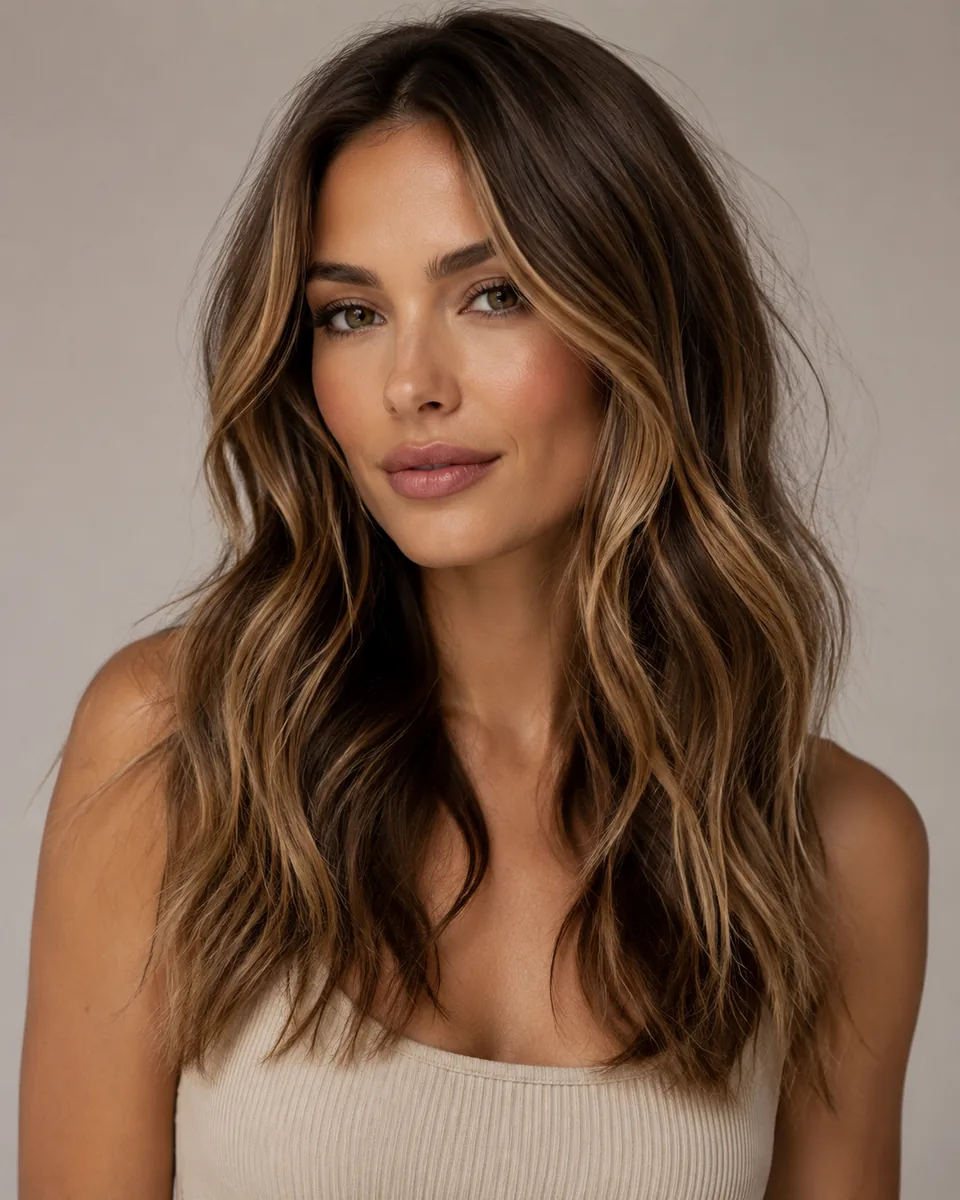 Woman with beachy waves and face-framing highlights
