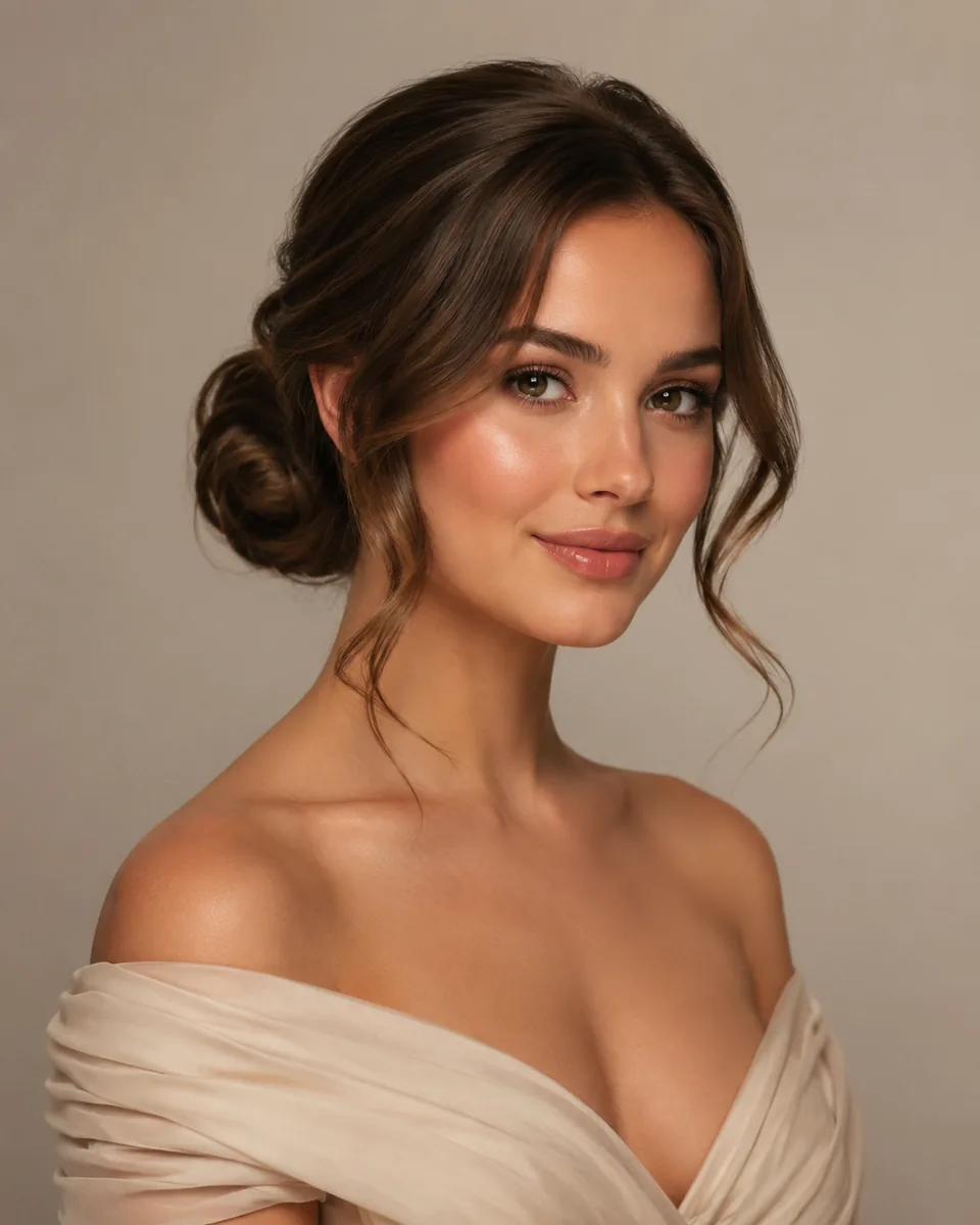 Woman with a low side bun and face-framing tendrils