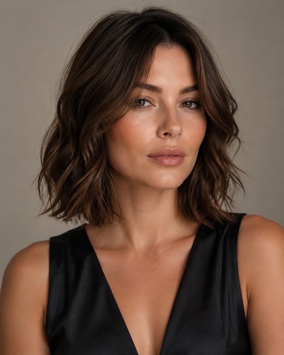 Woman with a wavy lob and face-framing layers