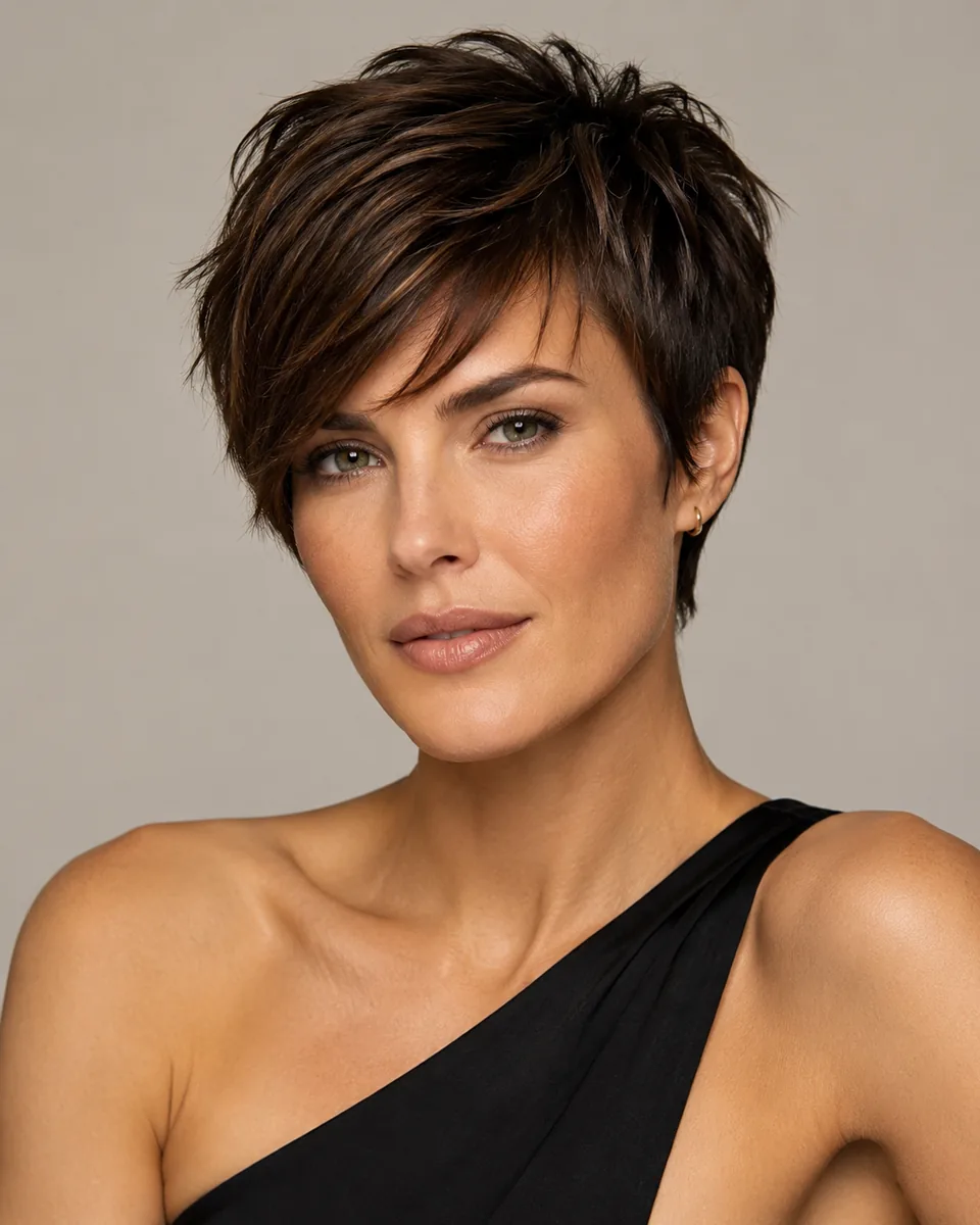 Woman with a textured pixie and side bangs