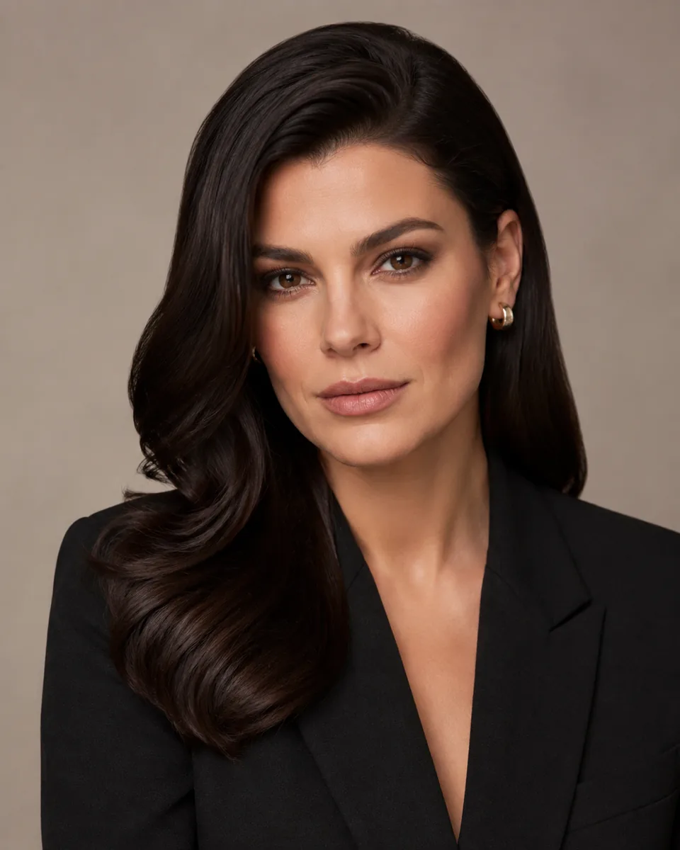 Woman with a deep side part and sleek waves