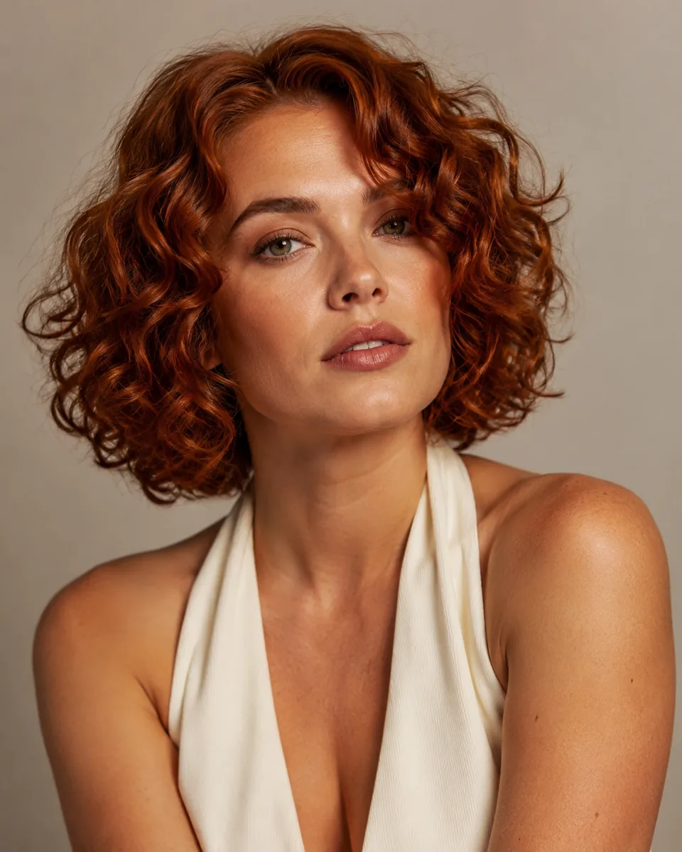 Woman with a shoulder-length curly bob