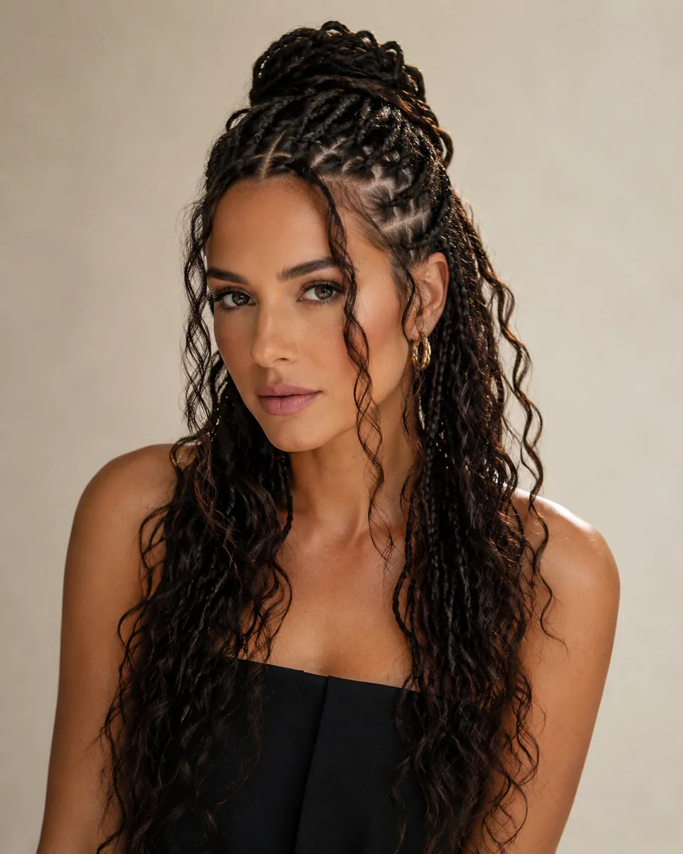 Adult woman with dark goddess braids, loose curled pieces, and a half-up top section